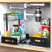 2 Pack Under Sink Organiser, 2-Tier Under Sink Storage Shelf Height Adjustable Durable Metal Sliding Drawers for Bathroom Kitchen Cabinet Storage Under Sink Storage & Organisation (2 Pack Black)