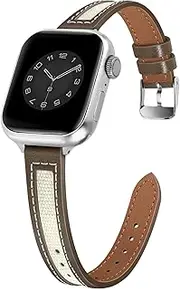 Newlibery Silm Leather Canvas Bands Women Compatible with Apple Watch Band 38mm 40mm 41mm 42mm(S10) Grain Leather Fabric Strap Designer Thin Wristband for iWatch Series 10 9 8 7 6 5 4 3 2 1 SE Ultra