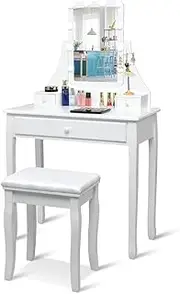 Giantex Dressing Table Stool Set, LED Vanity Makeup Dresser, 360° Rotating Mirror, 10 Adjustable LED Lights, 3 Drawers, Jewelry Storage, White, Pine, MDF, Contemporary, Elegant