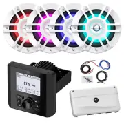 Marine Bluetooth Receiver, 4x 6.5" 300W LED Boat White Speakers, Amplifier w/Kit