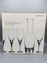 New Set Orrefors Intermezzo Blue 4 Wine Glasses and 1 Carafe Design Erika