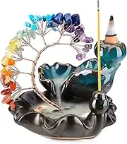CYYKDA Backflow Incense Burner Ceramic Incense Waterfall 7 Chakras Crystal Tree Incense Holder Namaste Yoga Meditation & Home Decor, Blue