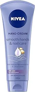 NIVEA Smooth Hands and Nail Care Cream 100ml | With Macadamia Oil and Lotus Flower | 24-hour Moisture | Fast Absorbing | For Dry Hands and Cuticles | Evens Skin Texture |