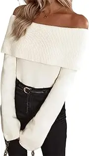 Women's Off The Shoulder Sweaters Long Sleeve Fold Over Sweater Pullover Fall Knitted Tunic Tops