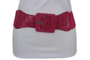 Women Pink Faux Leather Elastic Waistband Fashion Belt Square Buckle Plus M L XL