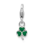 Sterling Silver Amore La Vita Rhodium-Plated Polished 3-D Green Enameled Clover Charm With Fancy Lobster Clasp