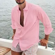 Men's Casual Shirt Cotton Linen Shirt Button Up Shirt Solid / Plain Color Vacation Street Black White Pink Sky Blue Long Sleeve Lapel All Seasons Clothing Appa