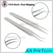2 PCS Eyelash Extension Tweezers Straight & Curved Tweezers Set Stainless Steel