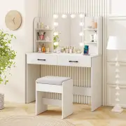 CostwayMakeup Vanity Desk with Lighted Mirror and Open Shelves for Bedroom-White