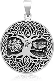 [Artist Unknown] 925 Sterling Silver Viking Yggdrasil Tree of Life Raven Horse Sleipnir Celtic Triskelion Pendant, Metal, granite