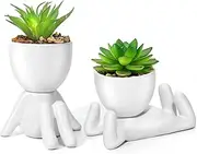 Fake Succulent, 2PCS Mini Succulents Plants Artificial in Black Modern Human Shaped Ceramic Pots Cute Desk Decor Desk Plant for Office Decor for Women, Cute Fake Plants Bathroom Decor (White)