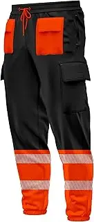 [TORO ACTIVA] Mens Hi Vis High Visibility Contrast Multiple Pockets Cargo Trousers Bottoms Reflective Tape Drawstring Elasticated Waist Ankle Workwear Joggers, Black Orange, 3XL