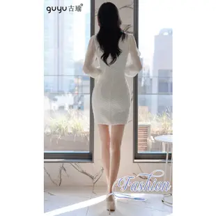 guyu古瑜 韓版洋裝【現貨S-XL】2022新款拼接雪紡長袖短板白色洋裝韓版合身連身裙酒會小禮服