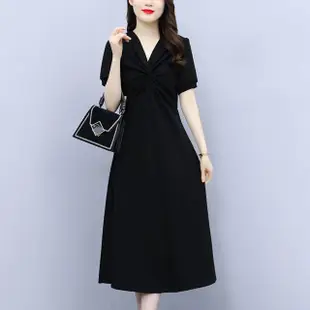 【KVOLL】玩美衣櫃短袖黑色洋裝V領氣質簡約連身裙L-5XL
