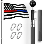 Combo: 16Ft Telescoping Flagpole BK & Thin Blue Red Line Flag 3x5Ft Emb SpunPoly