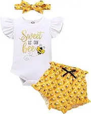 [YOUNGER TREE] Infant Baby Girl 1st Birthday Outfits Bumble Bee Printed One Romper Shorts Headband Summer Ruffle Sleeve Clothes