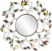 Wall Round Mirror Multicolored Branches Hand painted Leaves Bronze Metal Finish