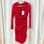 NWT Bardot Pippa Mesh Ruched Bodycon Mini Dress Fire Red Women's Size L / US 8