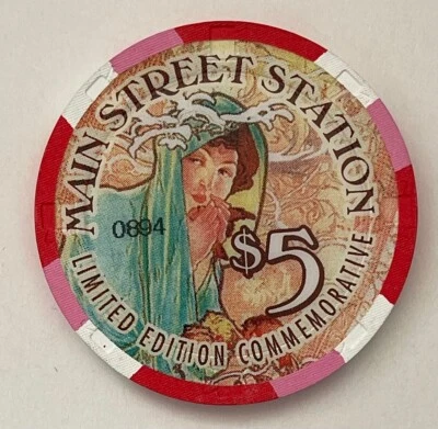 Main Street Station Alphonse Mucha $5 Casino Chip Las Vegas Numbered 0894