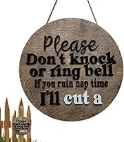 Please Do Not Disturb Nap Time Door Sign - Funny Round Door Sign - No Knock Bell on Farmhouse Front Door Sign - Round Rustic Wa