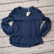 Marie Oliver Blue Silk Long Sleeve Peasant Tassel Blouse L NWT