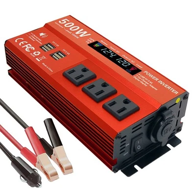 500W Peak 1000W Power Inverter for Vehicles,DC 12V to 110V AC,4 x 2.4A USB Po...