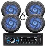 Pyle 1-Din Marine MP3/CD Receiver, 4x 5.25" 180W Max Blue LED Speakers, Antenna