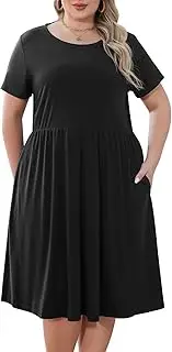 [Nemidor] Women's Round Neck Summer Casual Plus Size Fit and Flare Midi Dress with Pocket (26, Black)