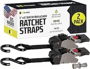 Quick n Easy AutoRetract Strap Transom Tie Downs | Stainless Steel Retractable 1 x 6' Bolt-on Ratchet Cargo Straps w/S Hook for Boats Docks Trailers