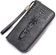 [SAMEZA] Genuine Leather Long Crocodile Patterned top Layer Cowhide Zipper Wallet, Multiple Card Anti-Theft Brush Wallet,Coffee,1