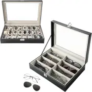 24 Slot Watch Box & 8 Slot Eyeglass Storage Case - PU Leather Organizer
