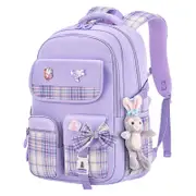 Backpack for Kids Elementary Ultra-light Load-relief Sweet Lattice Bookbag for Children Girls Grade 1-6 Purple Large