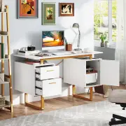 Costway129cm Home Office Desk with Floating Desktop and Dual Drawers-White