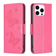 For iPhone 16 Pro Max Case, PU Leather Butterfly Cover, Rose Red