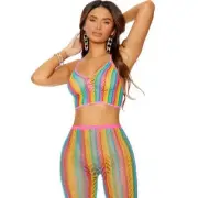 Rainbow Striped Crop Top Leggings Set Crochet Net Sheer Feather Pink Trim 12100