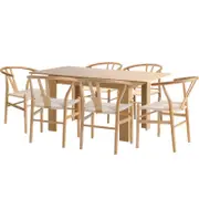 Oikiture 160cm Extendable Dining Table with 6x Hans Wegner Dining Chairs Natural