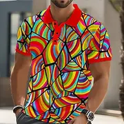 Men's Abstract Geometic Polo Short Sleeve Polo Shirts Collared Shirts Casual Street Athleisure Daily Wear 3D Print Buttons Summer Red Purple Green