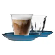 12pc Picardie Glass Coffee Cup Ceramic Saucer Set Tumbler Latte Blue 200ml