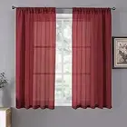 Short Sheer Curtains Linen Textured Living Room 42"W x 45"L Burgundy Red