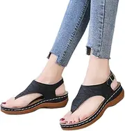 [JSMY] Flat Sandals for Women Comfort Thong Style Flip Flops with Buckle Ankle Strap Summer Clip Toe Sandals with Arch Support Outdoor Beach Shoes,Black,US12/EU43