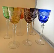 Set of 6 Wine Glasses Bohemian Czech Colored Cut Crystal Goblets 9.75"