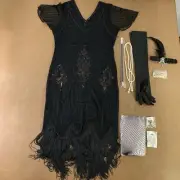 Women's Medium Black Sequin Fringe Flapper Dress & Accessory Set 9 Pieces New