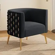 SEYNAR Modern Velvet Barrel Accent Chair, Comfy Wide Handmade Woven Bucket Arm Chair, Fluffy Tufted Upholstered Single Sofa Chair for Living Room, Bedroom, Office, Waiting Room(Black)