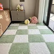 12 Pcs Plush Foam Interlocking Carpet Tiles,Soft Shaggy Fluffy Floor Area Rugs with Padding,Colorful Floor Protective Mats for Home Kids Room Playroom (White and Green, 11.8 x 11.8 x 0.39)