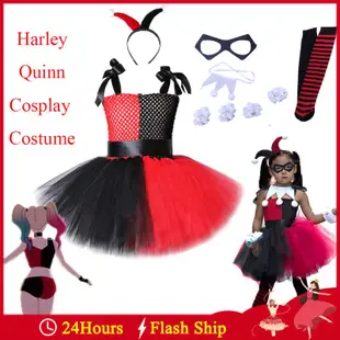 Harley Quinn Cosplay 服裝女嬰小丑小丑短裙兒童女孩帶頭帶襪子黑色紅色生日派對套裝