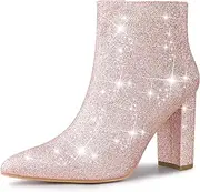 [Perphy] Women's Glitter Pointed Toe Chunky Heel Sparkly Booties Ankle Boots
