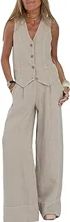 [Perbai] Womens V Neck Sleeveless Crop Vest Wide Leg Pants Sets 2 Piece Blazer Suits Summer Linen Matching Sets