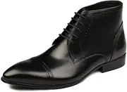 [Generic] Formal Business Ankle Boot for Men Captoe Work Boot Lace Up StyleGenuine Leather Retro Delicate Texture Pointed Toe Block Heel