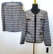 NEW AK Anne Klein Women's Metallic Black Gray 2Pc Skirt Suit Set Size 12 $320