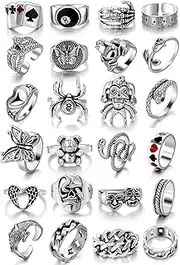 [KISS WIFE] Vintage Silver Goth Punk Rings Set for Men Women Girls, Cool Gothic Ring Pack, Chunky Stackable Knuckle Finger Rings Bulk, Adjustable Open Snake Spider Frog Butterfly Grunge Stacking Rings